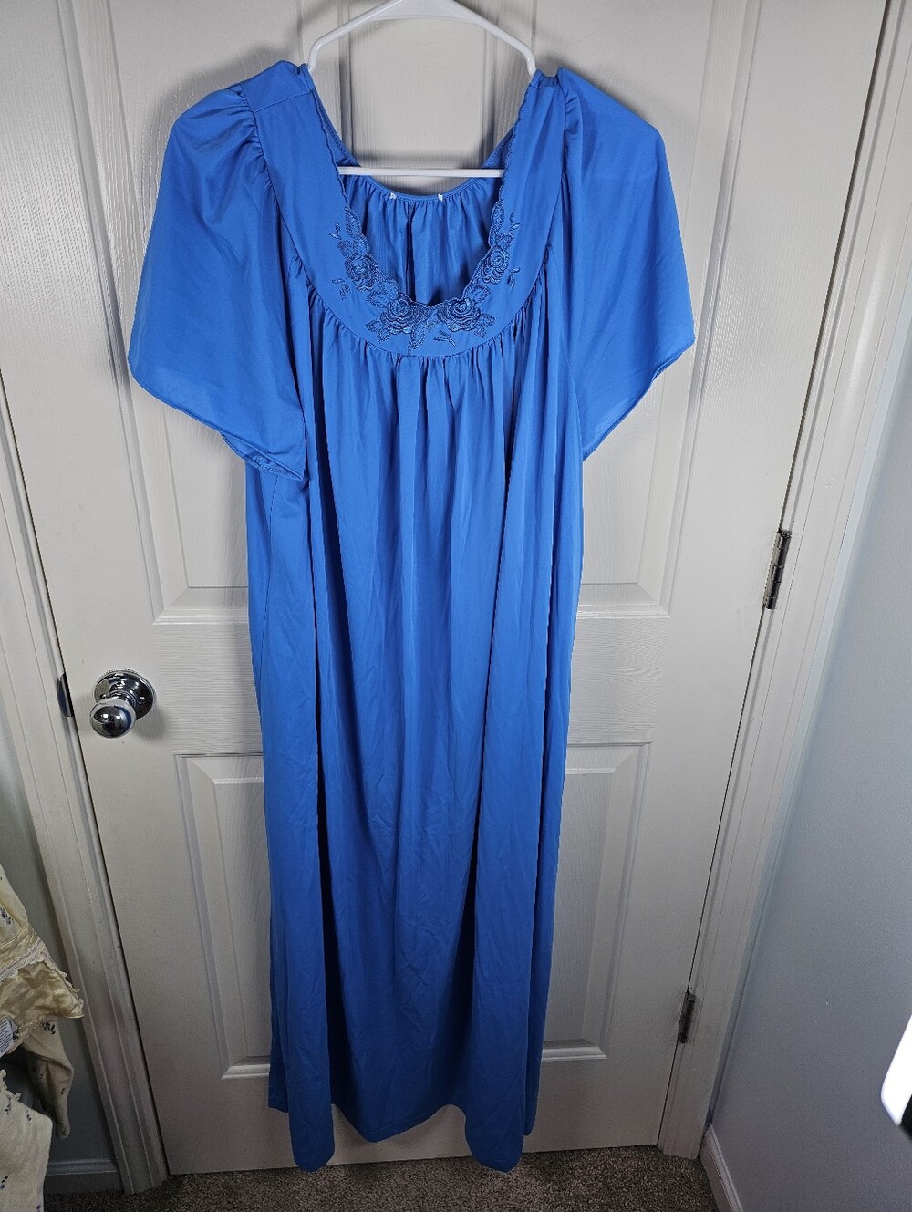 Shadowline Royal Blue Vintage Night Gown Floor Length Cap Sleeve Silky Size L